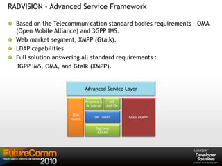 Based on the Telecommunication standard bodies requirements – OMA
(Open Mobile Alliance) and 3GPP IMS.
Web market segment, XMPP (Gtalk).
LDAP capabilities
Full solution answering all standard requirements :
3GPP IMS, OMA, and Gtalk (XMPP).
RADVISION - Advanced Service Framework
SIP Toolkit
SigComp
Add-On
IMS
Add-On
XDM
Toolkit
Presence &
IM Add-on
Gtalk (XMPP)
Advanced Service Layer
 