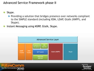 Skype.
Providing a solution that bridges presence over networks compliant
to the SIMPLE standard (including XDM, LDAP, Gtalk (XMPP), and
Skype).
Instant Messaging using MSRP, Gtalk, Skype.
Advanced Service Framework phase II
SIP Toolkit
SigComp
Add-On
IMS
Add-On
XDM
Toolkit
MSRP
Toolkit
Presence &
IM Add-on
Gtalk (XMPP)
Advanced Service Layer
Skype
 