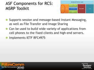 ASF Components for RCS:
MSRP Toolkit
Supports session and message-based Instant Messaging,
as well as File Transfer and Image Sharing
Can be used to build wide variety of applications from
cell phones to the fixed clients and high-end servers.
Implements IETF RFC4975
 
