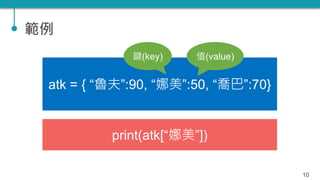範例
10
atk = { “魯夫”:90, “娜美”:50, “喬巴”:70}
print(atk[“娜美”])
鍵(key) 值(value)
 