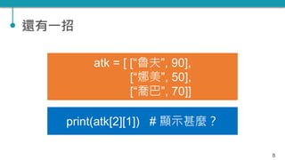 還有一招
8
atk = [ [“魯夫”, 90],
[“娜美”, 50],
[“喬巴”, 70]]
print(atk[2][1]) # 顯示甚麼？
 