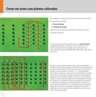 20
Cortar em áreas com plantas cultivadas
Dois métodos comprovaram-se como convenientes para o corte
em superfícies cultivadas:
• O corte de faixas
• O método de circular
Explicamos-lhe o modo de procedimento respectivo nas três
ilustrações seguintes.
O modo de procedimento depende durante o corte de faixas
da distância das faixas. Corta-se de modo “meândrico” nos
caminhos estreitos normais a largos. Isto significa que os
caminhos estreitos são trabalhados alternadamente – para frente
e para trás.
Se existir menos espaço porque as faixas são mais estreitas, o
caminho de marcha tem que encontrar-se directamente à esquerda
ao lado da fila de plantas. O movimento de corte começa a 0,5 m
à direita ao lado da planta, e termina a 1 m à esquerda desta.
Caminhos de marcha em vazio como na ilustração fazem sentido.
Este método recomenda-se também quando já não se trabalha
seguindo as filas de plantas, devido ao terreno, mas transversal-
mente à encosta. Maiores superfícies são trabalhadas em quadra-
dos. Quando um quadrado é cortado, são levados a ferramenta
e o bidão de combustível ao próximo quadrado. Procede-se de
uma maneira semelhante com o crescimento jovem com densa
vegetação. Começa-se à esquerda ao lado da primeira planta
ainda visível, e continua-se a cortar cuidadosamente para frente
numa linha recta pensada.
 