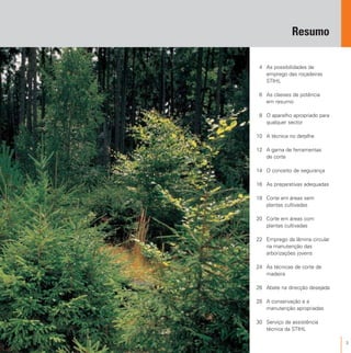 Resumo
3
4 As possibilidades de
emprego das roçadeiras
STIHL
6 As classes de potência
em resumo
8 O aparelho apropriado para
qualquer sector
10 A técnica no detalhe
12 A gama de ferramentas
de corte
14 O conceito de segurança
16 As preparativas adequadas
18 Corte em áreas sem
plantas cultivadas
20 Corte em áreas com
plantas cultivadas
22 Emprego da lâmina circular
na manutenção das
arborizações jovens
24 As técnicas de corte de
madeira
26 Abate na direcção desejada
28 A conservação e a
manutenção apropriadas
30 Serviço de assistência
técnica da STIHL
 