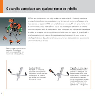 8
O aparelho apropriado para qualquer sector de trabalho
A STIHL tem roçadeiras com uma haste curta e uma haste comprida – consoante o sector de
emprego. Estas estão sempre equipadas com uma lâmina circular ou com uma faca para cortar
mata espessa. As roçadeiras STIHL com uma haste curta (versões „K“, com aprox. menos 13 cm
de comprimento), guiador direito e lâmina circular são utilizadas para os trabalhos de corte na
silvicultura. São mais fáceis de manejar e mais leves, e permitem uma utilização efectiva na altura
do tronco. As roçadeiras com um comprimento normal da haste, um guiador de corte curvado e
uma faca para cortar mata espessa são ideais para os trabalhos de corte de ervas porque se
trabalha perto do chão. O guiador de corte curvado aumenta o raio de acção visto que possibilite
um movimento natural da foice.
Para um trabalho muito menos
cansativo: O guiador de
corte curvado possibilita um
movimento natural da foice.
O guiador direito
(FS 450 K, FS 550) está
apropriado para roçadeiras
com lâmina circular visto que
o movimento de trabalho
seja dirigido para frente em
direcção do tronco.
O guiador de corte ergonó-
mico e curvado (em série a
partir da FS 300) pode ser
regulado sem utilizar ferra-
menta, e está apropriado para
roçadeiras com faca para
cortar mata espessa porque o
raio de acção se aumenta
durante o movimento de
corte devido a este guiador.
 