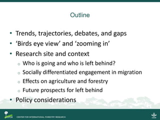 Outline
• Trends, trajectories, debates, and gaps
• ‘Birds eye view’ and ‘zooming in’
• Research site and context
o Who is...