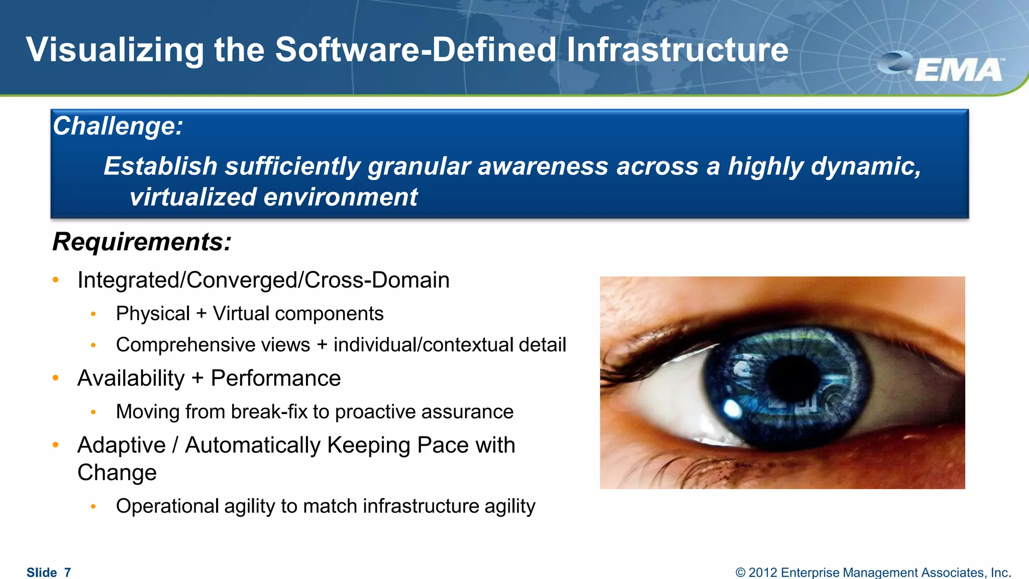 Visualizing the Software-Defined Infrastructure
Requirements:
• Integrated/Converged/Cross-Domain
• Physical + Virtual components
• Comprehensive views + individual/contextual detail
• Availability + Performance
• Moving from break-fix to proactive assurance
• Adaptive / Automatically Keeping Pace with
Change
• Operational agility to match infrastructure agility
Slide 7 © 2012 Enterprise Management Associates, Inc.
Challenge:
Establish sufficiently granular awareness across a highly dynamic,
virtualized environment
 