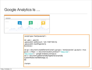 Google Analytics Is …

<script type="text/javascript">
var _gaq = _gaq || [];
_gaq.push(['_setAccount', 'UA-11907108-5']);
_gaq.push(['_trackPageview']);
(function() {
var ga = document.createElement('script'); ga.type = 'text/javascript'; ga.async = true;
ga.src = ('https:' == document.location.protocol ? 'https://ssl' :
'http://www') + '.google-analytics.com/ga.js';
var s = document.getElementsByTagName('script')[0];
s.parentNode.insertBefore(ga, s);
})();
</script>

Friday, 18 October, 13

 