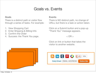 Goals vs. Events
Goals
There is a distinct path or visitor ﬂow
through a series of tasks. For example:

Events
There is NO distinct path, no change of
URLs, but there is a task or action taken.

1.
2.
3.
4.

Click on a Submit button and a pop-up
“Thank You” message appears.

View Shopping Cart
Enter Shipping & Billing Info
Conﬁrm the Order
Success: the Thank You page.

< OR >
Click on link or button that takes the
visitor to another website.

Friday, 18 October, 13

 