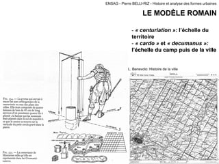 ENSAG - Pierre BELLI-RIZ - Histoire et analyse des formes urbaines
LE MODÈLE ROMAIN
- « centuriation »: l’échelle du
territoire
- « cardo » et « decumanus »:
ll’é’échelle du camp puis de la villechelle du camp puis de la ville
L. Benevolo: Histoire de la ville
 