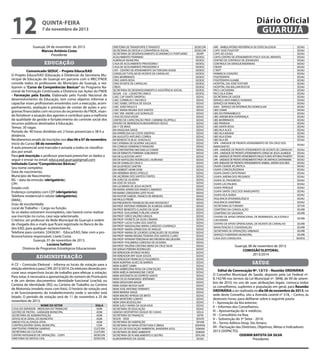12

Diário Oficial
GUARUJÁ

quinta-feira

7 de novembro de 2013

Guarujá, 04 de novembro  de 2013.
Marcos Antônio Costa
Presidente

educação
Comunicado SEDUC – Projeto Educa/EAD
O Projeto Educa/EAD (Educação à Distância) da Secretaria Municipal de Educação de Guarujá em parceria com o MEC/FNDE
convida todos os professores do Município de Guarujá, a realizarem o “Curso de Competências Básicas” do Programa Nacional de Formação Continuada a Distancia nas Ações do FNDE
- Formação pela Escola. Elaborado pelo Fundo Nacional de
desenvolvimento da Educação, tem como objetivo informar e
capacitar esses profissionais envolvidos com a execução, acompanhamento, avaliação e prestação de contas de ações e programas financiados com recursos do orçamento do FNDE, visando fortalecer a atuação dos agentes e contribuir para a melhoria
da qualidade da gestão e fortalecimento do controle social dos
recursos públicos destinados à Educação.
Temos: 30 vagas
Período de: 40 horas divididas em 2 horas presenciais e 38 h a
distância.
Receberemos emails de inscrições nos dias 06 e 07 de novembro.
Início do Curso: 08 de novembro
A aula presencial será marcada e avisada a todos os classificados por email.
Para pré-inscrição o professor precisará preencher os dados a
seguir e enviar no email: educa.ead.guaruja@gmail.com
Intitulado Curso “Competências Básicas.”
Seu nome completo;
Data de nascimento;
Município de Nascimento;
RG – data da emissão (obrigatório);
CPF;
Estado civil;
Endereço completo com CEP (obrigatório);
Telefone residencial e celular (obrigatório);
EMAIL;
Grau de escolaridade;
Local de Trabalho – Cargo ou função.
Se os dados estiverem incompletos, não haverá como realizar
sua inscrição no curso, caso seja selecionado.
Critérios: ser professor da Rede Municipal de Guarujá e ordem
de chegada dos e-mails que ficará registrada no Banco de dados EAD, para qualquer esclarecimento.
Telefone para contato: 33426361 - Educa/EAD, falar com a professora/tutora responsável, Lisete Costa.
Guarujá, 01 de novembro de 2013.
Luciana Salituri
Diretora de Programas Estratégicos Educacionais

administração
A ce – Comissão Eleitoral – informa os locais de votação para a
eleição eletrônica para cipa 2013/2014. Os eleitores deverão procurar seus respectivos locais de trabalho para efetuar a votação.
Para votar, é necessária a apresentação do número do Prontuário
e de um destes documentos: identidade funcional (crachá) ou
Carteira de Identidade (rg) ou Carteira de Trabalho ou Carteira
de Motorista (modelo novo com foto). O horário de votação será
o de funcionamento do estabelecimento onde o servidor está
lotado. O período de votação será de 11 de novembro a 25 de
novembro de 2013.
nome do setor
CASA DO SERVIDOR - MEDICINA DO TRABALHO
GESTÃO DE FROTAS - GARAGEM MUNICIPAL
SECRETARIA DE ADMINISTRAÇÃO
ADVOCACIA GERAL DO MUNICÍPIO
ANEXO FISCAL/DIVIDA ATIVA
CONTROLADORIA GERAL MUNICIPAL
ANFITEATRO FERREIRA SAMPAIO
SECRETARIA DA CULTURA
CENTRO INTEGRADO DE OPERAÇÕES - CIOPS
DIRETORIA DE DEFESA CIVIL

sigla
ADM
ADM
ADM
AGM
AGM
CGM
CULTURA
CULTURA
SEDECON
SEDECON

DIRETORIA DE TRANSPORTE E TRANSITO
SECRETARIA DE DEFESA E CONVIVÊNCIA SOCIAL
SECRETARIA DE DESENVOLVIMENTO ECONÔMICO E PORTUÁRIO
ACOLHIMENTO FEMININO
ALBERGUE MUNICIPAL
CASA DE ACOLHIMENTO PROVISÓRIO I
CASA DE ACOLHIMENTO PROVISÓRIO II
CATI - CENTRO DE ATENDIMENTO DA TERCEIRA IDADE
CONSELHO TUTELAR DE VICENTE DE CARVALHO
CRAS MORRINHOS
CRAS SANTA ROSA
CRAS VICENTE DE CARVALHO
CREAS
SECRETARIA DE DESENVOLVIMENTO E ASSISTÊNCIA SOCIAL
SEGAN - CAI - CADASTRO ÚNICO
CAEC CAP DANTE SINOPOLI
CAEC CORNÉLIO C PACHECO
CAEC ISABEL ORTEGA DE SOUZA
CAEC JOÃO PAULO II
CAEC MARIA REGINA DOS SANTOS
CAEC VER. ANDRE LUIZ GONZALEZ
CASA DO EDUCADOR
CENTRO DE CAPACITAÇÃO PROF. CARMINE FELIPPELLI
DIVISÃO DE MERENDA/ALMOXARIFADO SEDUC
EM 1º DE MAIO
EM ANGELINA DAIGE
EM APARECIDA DA COSTA SINÓPOLI
EM AUGUSTO ANTUNES CORREA
EM BENEDICTA BLAC GONZALEZ
EM CATARINA DE OLIVEIRA SALGADO
EM CONEGO DOMENICO RANGONI
EM CONSTANTINO MICHAELLO CONDE
EM DR ERNESTO FERREIRA SOBLRINHO
EM DR GLADSTON JAFET
EM DR NAPOLEÃO RODRIGUES LAUREANO
EM DR OSWALDO CRUZ II
EM GIUSFREDO SANTINI
EM HERBERT HENRI DOW
EM HERMÍNIA NEVES VITIELLO
EM JACIREMA DOS SANTOS FONTES
EM JOÃO DE OLIVEIRA
EM JOSÉ DE SOUZA
EM LUCIMARA DE JESUS VICENTE
EM MARIA APARECIDA RAMOS CAMARGO
EM MARIO CERQUEIRA LEITE FILHO
EM PASTOR SAMUEL FRANCO DE MENEZES
EM PAULO FREIRE
EM PRESIDENTE FRANKLIN DELANO ROOSEVELT
EM PROF ANTONIO FERREIRA DE ALMEIDA JUNIOR
EM PROF BENEDITO CLAUDIO DA SILVA
EM PROF. GUILHERME FURLANI JUNIOR
EM PROFª DIRCE VALÉRIO GRACIA
EM PROFª IVONETE DA SILVA CÂMARA
EM PROFª LUCIA FLORA DOS SANTOS
EM PROFª MAGDALENA MARIA CARDOSO LOURENÇO
EM PROFª MARIA APARECIDA DE ARAUJO
EM PROFª MARIA DE LOURDES GONÇALVES DE OLIVEIRA
EM PROFª MARIA REGINA TEIXEIRA DOS SANTOS CLARO
EM PROFª MYRIAM TEREZINHA WICHROWSKI MILLBOURN
EM PROFª PHILIMENA CARDOSO DE OLIVEIRA
EM PROFª VALÉRIA CRISTINA VIEIRA DA CRUZ SILVA
EM SERGIO PEREIRA RODRIGUES
EM VEREADOR AFONSO NUNES
EM VEREADOR ARY SILVA SOUZA
EM VEREADOR FRANCISCO FIGUEIREDO
NEIM AGRIPINA ALVES DE BARROS
NEIM ALBERT SABIN
NEIM AMBROZINA ROSA DA CONCEIÇÃO
NEIM AMÉLIA MARANGONE CHEDE
NEIM ANTONIETA DO ESPÍRITO SANTO
NEIM CELSO RAIMUNDO JERÔNIMO
NEIM GROUSSIER MAGRI
NEIM JOANA MUSSA GAZE
NEIM JOSÉ ANTONIO FERRANTI
NEIM MARINA DAIGE
NEIM MAURO APRIGIO DE BRITO
NEIM MONTEIRO LOBATO
NEIM SARA BOZOGLIAN
NEIM SUELY MARIA DA SILVA KIDA
SECRETARIA DE EDUCAÇÃO
GINÁSIO DESPORTIVO DUQUE DE CAXIAS
SECRETARIA DE FINANÇAS
SEGOV - SEDE
SECRETARIA DE HABITAÇÃO
SECRETARIA DE INFRA ESTRUTURA E OBRAS
NÚCLEO DE EDUCAÇÃO AMBIENTAL BANDEIRA AZUL
SECRETARIA DE MEIO AMBIENTE
SECRETARIA DE PLANEJAMENTO E GESTÃO
ALMOXARIFADO DA SAÚDE

SEDECON
SEDECON
SEDEP
SEDESC
SEDESC
SEDESC
SEDESC
SEDESC
SEDESC
SEDESC
SEDESC
SEDESC
SEDESC
SEDESC
SEDESC
SEDUC
SEDUC
SEDUC
SEDUC
SEDUC
SEDUC
SEDUC
SEDUC
SEDUC
SEDUC
SEDUC
SEDUC
SEDUC
SEDUC
SEDUC
SEDUC
SEDUC
SEDUC
SEDUC
SEDUC
SEDUC
SEDUC
SEDUC
SEDUC
SEDUC
SEDUC
SEDUC
SEDUC
SEDUC
SEDUC
SEDUC
SEDUC
SEDUC
SEDUC
SEDUC
SEDUC
SEDUC
SEDUC
SEDUC
SEDUC
SEDUC
SEDUC
SEDUC
SEDUC
SEDUC
SEDUC
SEDUC
SEDUC
SEDUC
SEDUC
SEDUC
SEDUC
SEDUC
SEDUC
SEDUC
SEDUC
SEDUC
SEDUC
SEDUC
SEDUC
SEDUC
SEDUC
SEDUC
SEDUC
SEDUC
SEELA
SEFIN
SEGOV
SEHAB
SEINFRA
SEMAM
SEMAM
SEPLAN
SESAU

ARE - AMBULATÓRIO REFERÊNCIA DE ESPECIALIZADA
CAPS “JOSÉ FOUSTER”
CAPS AD (CEAD)
CAPSI CENTRO DE ATENDIMENTO PSICO SOCIAL INFANTIL
CENTRO DE CONTROLE DE ZOONOZES
CONTROLE DA DENGUE/ENDEMIAS
CROOF
CTAPT
FARMÁCIA CIDADÃO
FISIOTERAPIA
FISIOTERAPIA GUAIBE
HOSPITAL DIA JOSÉ FOSTHER
HOSPITAL DIA WILLIAN ROCHA
PACS CACHOEIRA
PACS VILA EDNA
SECRETARIA DE SAÚDE
SERVIÇO ANTI-RÁBICO HUMANO
SERVIÇO DE REMOÇÃO
SIAD - SERVIÇO DE INTERNACÃO DOMICILIAR
UBS CIAMA
UBS DO PERNAMBUCO
UBS JARDIM BOA ESPERANÇA
UBS MORRINHOS
UBS PRAINHA
UBS SANTA ROSA
UBS VILA ALICE
UBS VILA BAIANA
UBS VILA EDNA
UBS VILA RÃ
UPA - UNIDADE DE PRONTO ATENDIMENTO DE STA CRUZ DOS
NAVEGANTES
UPA - UNIDADE DE PRONTO ATENDIMENTO DE VICENTE DE CARVALHO
UPA - UNIDADE DE PRONTO ATENDIMENTO JORGE DE JESUS ALMEIDA
UPA - UNIDADE DE PRONTO ATENDIMENTO PAULO FLÁVIO AFFONSO PIASENTI
UPA - UNIDADE DE PRONTO ATENDIMENTO PROF. DR. MATHEUS SANTAMARIA
UPA UNIDADE DE PRONTO ATENDIMENTO ANIBAL ARDEN DOS REIS
USAFA CIDADE ATLÂNTICA
USAFA CONCEIÇÃOZINHA
USAFA DAVID CAPISTRANO
USAFA JARDIM DOS PÁSSAROS
USAFA JD. PROGRESSO
USAFA LAS PALMAS
USAFA PEREQUÊ
USAFA SANTA CRUZ DOS NAVEGANTES
USAFA VILA ÁUREA
VIGILÂNCIA EPIDEMIOLÓGICA
VIGILÂNCIA SANITÁRIA
SECRETARIA DE TURISMO
CEMITÉRIO DA CONSOLAÇÃO
CEMITÉRIO DA SAUDADE
CENTRO DE APOIO OPERACIONAL DE MORRINHOS, VILA EDNA E
CACHOEIRA
CENTRO DE APOIO OPERACIONAL DE VICENTE DE CARVALHO
MANUTENÇÃO E CONSERVAÇÃO
SECRETARIA DE OPERAÇÕES URBANAS
SERVIÇO FUNERÁRIO MUNICIPAL
CASA DOS CONSELHOS

SESAU
SESAU
SESAU
SESAU
SESAU
SESAU
SESAU
SESAU
SESAU
SESAU
SESAU
SESAU
SESAU
SESAU
SESAU
SESAU
SESAU
SESAU
SESAU
SESAU
SESAU
SESAU
SESAU
SESAU
SESAU
SESAU
SESAU
SESAU
SESAU
SESAU
SESAU
SESAU
SESAU
SESAU
SESAU
SESAU
SESAU
SESAU
SESAU
SESAU
SESAU
SESAU
SESAU
SESAU
SESAU
SESAU
SETUR
SEURB
SEURB
SEURB
SEURB
SEURB
SEURB
SEURB
SEDESC

Guarujá, 06 de novembro de 2013.
COMISSÃO ELEITORAL
2013/2014

saúde
Edital de Convocação Nº. 13/13 – Reunião ORDINÁRIA
O Conselho Municipal de Saúde, disposto pela Lei Federal nº.
8.142/90 nos termos da Lei Municipal nº. 3848, de 09 de setembro de 2010, no uso de suas atribuições legais, convoca todos
os conselheiros, suplentes e população em geral, para Reunião
ORDINÁRIA a ser realizada no dia 08 de novembro de 2013, na
sede deste Conselho, sito a Avenida Leomil n° 518, – Centro, às
dezesseis horas, para deliberar sobre a seguinte pauta:
I – Aprovação da Ata anterior;
II – Informes dos Conselheiros;
III – Apresentação do + médicos;
IV – Consultório na Rua;
V – Subvenção do 3º Setor - 2014;
VI – Termo Aditivo Hosp. Sto Amaro;
VII - Pactuação das Diretrizes, Objetivos, Metas e Indicadores
2013 (SISPACTO).
ODEMIR BATISTA DA SILVA
Presidente

 