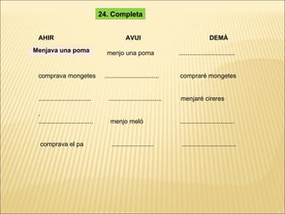 AHIR  AVUI  DEMÀ ...............................  menjo una poma  ................................ comprava mongetes  ...............................  compraré mongetes ..............................  ..............................  menjaré cireres . ...............................  menjo meló  ............................... comprava el pa  ........................  ............................... 24. Completa Menjava una poma 