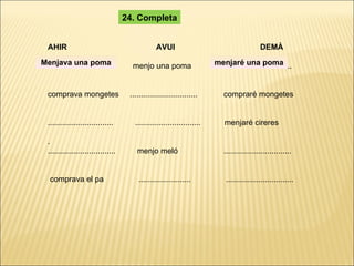 AHIR  AVUI  DEMÀ ...............................  menjo una poma  ................................ comprava mongetes  ...............................  compraré mongetes ..............................  ..............................  menjaré cireres . ...............................  menjo meló  ............................... comprava el pa  ........................  ............................... 24. Completa Menjava una poma menjaré una poma 