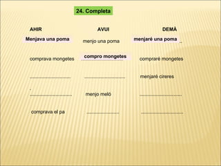 AHIR  AVUI  DEMÀ ...............................  menjo una poma  ................................ comprava mongetes  ...............................  compraré mongetes ..............................  ..............................  menjaré cireres . ...............................  menjo meló  ............................... comprava el pa  ........................  ............................... 24. Completa Menjava una poma menjaré una poma compro mongetes 