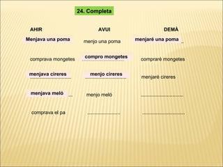 AHIR  AVUI  DEMÀ ...............................  menjo una poma  ................................ comprava mongetes  ...............................  compraré mongetes ..............................  ..............................  menjaré cireres . ...............................  menjo meló  ............................... comprava el pa  ........................  ............................... 24. Completa Menjava una poma menjaré una poma compro mongetes menjava cireres menjo cireres menjava meló 