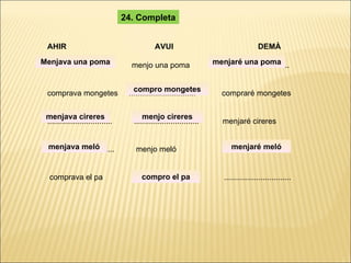 AHIR  AVUI  DEMÀ ...............................  menjo una poma  ................................ comprava mongetes  ...............................  compraré mongetes ..............................  ..............................  menjaré cireres . ...............................  menjo meló  ............................... comprava el pa  ........................  ............................... 24. Completa Menjava una poma menjaré una poma compro mongetes menjava cireres menjo cireres menjava meló menjaré meló compro el pa 