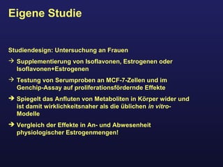 Eigene Studie
Studiendesign: Untersuchung an Frauen
 Supplementierung von Isoflavonen, Estrogenen oder
Isoflavonen+Estrogenen
 Testung von Serumproben an MCF-7-Zellen und im
Genchip-Assay auf proliferationsfördernde Effekte
 Spiegelt das Anfluten von Metaboliten in Körper wider und
ist damit wirklichkeitsnaher als die üblichen in vitro-
Modelle
 Vergleich der Effekte in An- und Abwesenheit
physiologischer Estrogenmengen!
 
