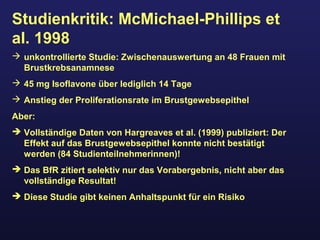 Studienkritik: McMichael-Phillips et
al. 1998
 unkontrollierte Studie: Zwischenauswertung an 48 Frauen mit
Brustkrebsanamnese
 45 mg Isoflavone über lediglich 14 Tage
 Anstieg der Proliferationsrate im Brustgewebsepithel
Aber:
 Vollständige Daten von Hargreaves et al. (1999) publiziert: Der
Effekt auf das Brustgewebsepithel konnte nicht bestätigt
werden (84 Studienteilnehmerinnen)!
 Das BfR zitiert selektiv nur das Vorabergebnis, nicht aber das
vollständige Resultat!
 Diese Studie gibt keinen Anhaltspunkt für ein Risiko
 