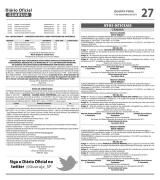 Diário Oficial
 GUARUJÁ
                                                                                                                                                         qUARtA-feiRA
                                                                                                                                                         7 de dezembro de 2011
                                                                                                                                                                                            27
  031501
  031695
             GABRIEL YUJI NASCIMENTO
             MARIANA DA SILVA BISPO
                                                           00000049290175
                                                           00000482467812
                                                                             004
                                                                             004
                                                                                     62,00
                                                                                     62,00
                                                                                                      506
                                                                                                      507                                  Atos oficiAis
  023456     SUELI GONCALVES REIS                          00000008007364    004     60,00            508
  022818     FRANCISCO JOSE VALCACIO                       00000104130623    004     60,00            509
                                                                                                                                                      câmara
  015986     SILVIA DE FATIMA RIBEIRO OLIVEIRA             00000007586585    004     60,00            510                                            MeSA DA CÂMARA
                                                                                                                                                      AtO Nº 098/2011
004 – ReCePCiONiStA – CANDiDAtOS iNSCRitOS COMO PORtADOReS De DefiCiÊNCiA                                     A MESA DIRETORA DA CÂMARA MUNICIPAL DE GUARUJÁ, no uso de suas atribuições legais, e
                                                                                                              CONSIDERANDO o que dispõe o artigo 37, II da Constituição Federal, Resoluções nºs 030/91 e Leis
iNSCRiÇÃO                    NOMe                       DOCUMeNtO           NOtA_fiNAL        CLASSifiCAÇÃO   Municipais nº 2.875/2001, 3.195/2005 e 3.731/2009;
  015102     REINALDO OLIVEIRA DOS SANTOS             00000370266705     72,00               69               CONSIDERANDO o disposto nos autos do processo administrativo nº 012/2010 e na Ordem de
  019199     DANIEL FERNANDO IKEDA                    00000414318122     70,00               125              Serviço nº 002/2010.
  020649     LETICIA LATREQUIA DOS SANTOS             00000284846624     68,00               158              CONSIDERANDO ainda o Processo Administrativo nº 417/2011.
                                                                                                                                                         R e S O L V e:
  031693     MARIANGELA FERNANDES BONILHA             00000007339672     64,00               283
                                                                                                              Artigo 1º - Nomear o Senhor ADiLSON DOS SANtOS, para o Cargo em Comissão de Chefe de
                                                                                                              Gabinete, Símbolo CG, do quadro de pessoal da Câmara Municipal de Guarujá, a partir de 2 de
                                    Guarujá, 06 de dezembro de 2011
                                                                                                              dezembro de 2011.
                                     Maria Ângela S. Cheida faria                                             Artigo 2º - As despesas decorrentes da execução do presente Ato correrão por conta das verbas
                              Presidente da Comissão do Concurso Público                                      próprias do orçamento vigente, afetas ao Poder Legislativo.
                                                                                                              Artigo 3º - Este Ato entrará em vigor na data de sua publicação, retroagindo seus efeitos a 2 de
      COMUNiCADO AOS fUNCiONÁRiOS eStAtUtÁRiOS iNAtiVOS e PeNSiONiStAS De                                     dezembro de 2011, revogadas as disposições em contrário.
    fUNCiONÁRiOS, ReGiDOS PeLA Lei MUNiCiPAL Nº 1.212 DA PRefeitURA MUNiCiPAL                                                               Registre-se. Cumpra-se. Dê-se ciência.
         De GUARUJÁ, iNCLUSiVe AqUeLeS DeteRMiNADOS POR DeCiSÃO JUDiCiAL                                                          Câmara Municipal de Guarujá, em 5 de dezembro de 2011.
A Secretaria Municipal de Administração comunica aos funcionários estatutários inativos e pensio-             Marcelo teixeira Mariano         José Carlos Rodriguez              Candido Garcia Alonso
nistas de funcionários regidos pela lei municipal n° 1.212 da Prefeitura Municipal de Guarujá, inclusi-            1º Secretário                     Presidente                      2º Secretário
ve aqueles determinados por decisão judicial, que deverão se recadastrar junto a Diretoria de Gestão                                          Registrado no livro competente.
de Pessoas – ADM GP, desta Prefeitura Municipal, sito à Av. Santos Dumont, n° 640 – Santo Antônio,                         Secretaria da Câmara Municipal de Guarujá, em 5 de dezembro de 2011.
Paço Raphael Vitiello – térreo (sala 33), das 12 às 16 horas, no período de 01 a 20 de dezembro de                                                Carlos Antonio de Sousa
2011, sendo que o não recadastramento implicará na cessação do pagamento de janeiro de                                                                Secretário Geral
2012, até que a situação seja regularizada, conforme determina a Lei Municipal nº 2.664.
                                                                                                                                                     MeSA DA CÂMARA
                                  Guarujá, 05 de dezembro de 2011.                                                                                    AtO Nº 099/2011
                                               Flavio Poli                                                    A MESA DIRETORA DA CÂMARA MUNICIPAL DE GUARUJÁ, no uso de suas atribuições legais, e
                                     Diretor de Gestão de Pessoas                                             CONSIDERANDO o que dispõe o artigo 37, II da Constituição Federal, Resoluções nºs 030/91 e Leis
                                                                                                              Municipais nº 2.875/2001, 3.195/2005 e 3.731/2009;
                                   eDitAL De CONVOCAÇÃO                                                       CONSIDERANDO o disposto nos autos do processo administrativo nº 012/2010 e na Ordem de
A Prefeitura Municipal de Guarujá, Estado de São Paulo, através da Secretaria Mun. de Administra-             Serviço nº 002/2010.
ção - ADM, convoca o candidato abaixo relacionado aprovado em Processo Seletivo Simplificado                  CONSIDERANDO ainda o Processo Administrativo nº 415/2011.
Edital nº. 001/2011 – SeDeCON – GUARDA-ViDAS teMPORÁRiO, pelo regime de contratação                                                                      R e S O L V e:
temporária nos termos do Art.38 da Lei Mun. nº.2145/1991 e Art.37, Inciso IX da Const. Federal,               Artigo 1º - Nomear a Senhora DANieLLe CRiStiNA ROqUe DOS SANtOS para o Cargo em Co-
para tender necessidade temporária de excepcional interesse público, conforme o que foi decidi-               missão de Assistente Parlamentar, Símbolo CC-3, do quadro de pessoal da Câmara Municipal de
do no Processo Administrativo nº. 20943/2011 e proc. nº.35457/11, como segue:                                 Guarujá, a partir de 2 de dezembro de 2011.
                                                                                                              Artigo 2º - As despesas decorrentes da execução do presente Ato correrão por conta das verbas
            CLASSif.                             NOMe DO CANDiDAtO                               RG
                                                                                                              próprias do orçamento vigente, afetas ao Poder Legislativo.
              27º.               Alexandro Roberto de Oliveira Andrade                       39.372.166-2     Artigo 3º - Este Ato entrará em vigor na data de sua publicação, retroagindo seus efeitos a 2 de
O candidato acima mencionado, deverá comparecer no prazo de 02 ( dois ) dias úteis a saber: 07 e              dezembro de 2011, revogadas as disposições em contrário.
08/12/2011 ( 4ª. e 5ª. feira ) , junto ao Recursos Humanos ( térreo – sala 33 ) da Prefeitura Municipal                                     Registre-se. Cumpra-se. Dê-se ciência.
– Paço Raphael Vitiello, sito a av. Santos Dumont, nº.640, bairro de Santo Antonio, das 09:00hs às                                 Câmara Municipal de Guarujá, em 5 de dezembro de 2011.
                                                                                                              Marcelo teixeira Mariano         José Carlos Rodriguez               Candido Garcia Alonso
12:00hs., munido dos seguintes documentos, para fins de contratação:
                                                                                                                   1º Secretário                      Presidente                        2º Secretário
• Cópia da Cédula de Identidade – RG;                                                                                                         Registrado no livro competente.
• Cópia da inscrição no Cadastro de Pessoas Físicas – CPF;                                                                 Secretaria da Câmara Municipal de Guarujá, em 5 de dezembro de 2011.
• Cópia do comprovante de residência;                                                                                                             Carlos Antonio de Sousa
• Atestado de capacitação funcional;                                                                                                                  Secretário Geral
• Cópia do Diploma ou Atestado de Escolaridade que comprove a escolaridade mínima exigida
(Ensino Fundamental – 1.º grau completo);                                                                                                             MeSA DA CÂMARA
• Cópia do Certificado de conclusão do curso de guarda-vidas temporário emitido pelo Corpo de Bom-                                                     AtO Nº 100/2011
beiros do Estado de São Paulo;                                                                                A MESA DIRETORA DA CÂMARA MUNICIPAL DE GUARUJÁ, no uso de suas atribuições legais, e
• Título de Eleitor e certidão de quitação eleitoral (www.tse.gov.br);                                        CONSIDERANDO o que dispõe o artigo 37, II da Constituição Federal, Resoluções nºs 030/91 e Leis
• Certificado de Reservista para homens;                                                                      Municipais nº 2.875/2001, 3.195/2005 e 3.731/2009;
• Atestado de Antecedentes Criminais (www.ssp.sp.gov.br/atestado);                                            CONSIDERANDO o disposto nos autos do processo administrativo nº 012/2010 e na Ordem de
• Cartão PIS/PASEP caso não inscrito será fornecido formulário a ser preenchido;                              Serviço nº 002/2010;
• Declaração de bens ou cópia do imposto de renda;                                                            CONSIDERANDO ainda o Processo Administrativo nº 413/2011.
                                                                                                                                                          R e S O L V e:
• Cópia da Certidão de Casamento;                                                                             Artigo 1º - Nomear o Senhor MARCeLO LOPeS De MORAeS para o Cargo em Comissão de Chefe
• Cópia da Certidão de Nascimento dos dependentes.                                                            de Gabinete, Símbolo CG, do quadro de pessoal da Câmara Municipal de Guarujá, a partir de 1 de
                                    Guarujá, 06 de dezembro de 2011.                                          dezembro de 2011.
                                                 Flavio Poli                                                  Artigo 2º - As despesas decorrentes da execução do presente Ato correrão por conta das verbas
                                       Diretor de Gestão de Pessoas                                           próprias do orçamento vigente, afetas ao Poder Legislativo.
                                              ADM GP - fagm                                                   Artigo 3º - Este Ato entrará em vigor na data de sua publicação,
                                                                                                              revogadas as disposições em contrário, retroagindo seus efeitos a 1 de dezembro de 2011.
                                                                                                                                             Registre-se. Cumpra-se. Dê-se ciência.
                                                                                                                                   Câmara Municipal de Guarujá, em 5 de dezembro de 2011.

     Siga o Diário Oficial no                                                                                 Marcelo teixeira Mariano
                                                                                                                   1º Secretário
                                                                                                                                                 José Carlos Rodriguez
                                                                                                                                                       Presidente
                                                                                                                                                Registrado no livro competente.
                                                                                                                                                                                     Candido Garcia Alonso
                                                                                                                                                                                         2º Secretário

      twitter @Guaruja_SP                                                                                                   Secretaria da Câmara Municipal de Guarujá, em 5 de dezembro de 2011.
                                                                                                                                                   Carlos Antonio de Sousa
                                                                                                                                                       Secretário Geral
 