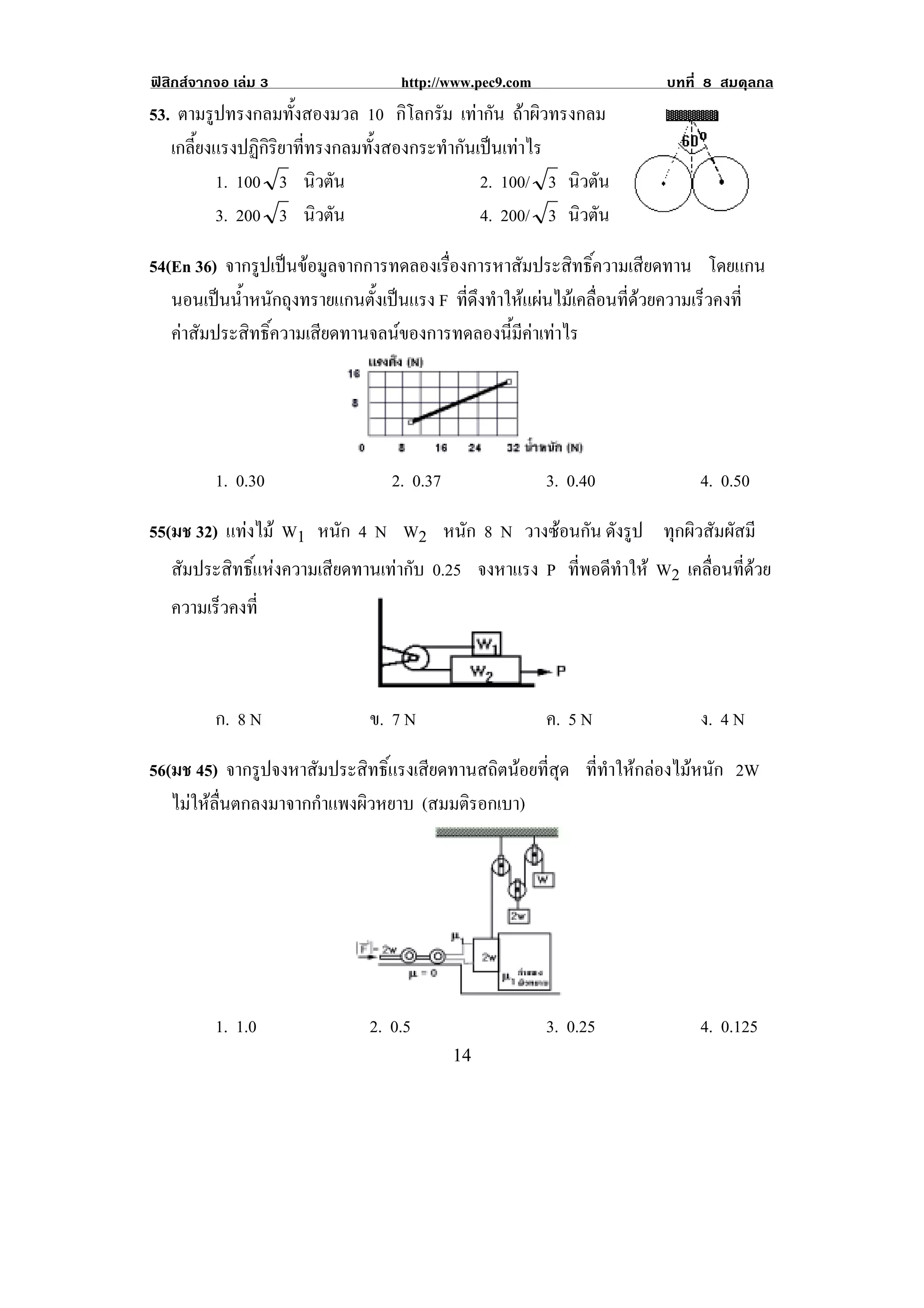 ฟสิกสจากจอ เลม 3                http://www.pec9.com                  บทที่ 8 สมดุลกล
53. ตามรูปทรงกลมทั้งสองมวล 10 กิโลกรัม เทากัน ถาผิวทรงกลม
   เกลี้ยงแรงปฏิกิริยาที่ทรงกลมทั้งสองกระทํากันเปนเทาไร
          1. 100 3 นิวตัน                       2. 100/ 3 นิวตัน
          3. 200 3 นิวตัน                       4. 200/ 3 นิวตัน

54(En 36) จากรูปเปนขอมูลจากการทดลองเรื่องการหาสัมประสิทธิ์ความเสียดทาน โดยแกน
   นอนเปนน้าหนักถุงทรายแกนตังเปนแรง F ที่ดึงทําใหแผนไมเคลื่อนที่ดวยความเร็วคงที่
            ํ                  ้
   คาสัมประสิทธิ์ความเสียดทานจลนของการทดลองนี้มีคาเทาไร




          1. 0.30                2. 0.37                 3. 0.40            4. 0.50

55(มช 32) แทงไม W1 หนัก 4 N W2 หนัก 8 N วางซอนกัน ดังรูป ทุกผิวสัมผัสมี
   สัมประสิทธิ์แหงความเสียดทานเทากับ 0.25 จงหาแรง P ที่พอดีทําให W2 เคลือนทีดวย
                                                                           ่ ่
   ความเรวคงท่ี
         ็



          ก. 8 N              ข. 7 N                     ค. 5 N             ง. 4 N

56(มช 45) จากรูปจงหาสัมประสิทธิ์แรงเสียดทานสถิตนอยที่สุด ที่ทําใหกลองไมหนัก 2W
   ไมใหลื่นตกลงมาจากกําแพงผิวหยาบ (สมมตรอกเบา)
                                          ิ




          1. 1.0              2. 0.5                     3. 0.25            4. 0.125
!                                          "%!
 
