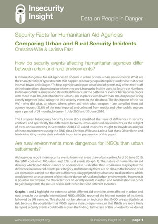 Insecurity
          Insight                                  Data on People in Danger

Security Facts for Humanitarian Aid Agencies
Comparing Urban and Rural Security Incidents
Christina Wille & Larissa Fast

How do security events affecting humanitarian agencies differ
between urban and rural environments?
Is it more dangerous for aid agencies to operate in urban or non-urban environments? What are
the characteristics of typical events that happen in densely populated places and those that occur
in small towns and villages? To help agencies anticipate what kind of events may affect their staff
or their operations depending on where they work, Insecurity Insight used its Security in Numbers
Database (SiND) to analyse and describe differences in the patterns of events that occur in places
with more than 100,000 inhabitants (urban), and in places with fewer than 100,000 people living
closely together (rural) using the 963 security events in the database. The description of the “six
Ws” - who did what, to whom, where, when and with what weapon – are compiled from aid
agency reports (56.8% of the total reports) and collected from media and other public sources
over a period of 24 months, between 1 July 2008 and 30 June 2010.

The European Interagency Security Forum (EISF) identified the issue of differences in security
contexts, and specifically the differences between urban and rural environments, as the subject
of its bi-annual meeting in September 2010. EISF asked Insecurity Insight to provide an analysis
of these environments using the SiND data. Christina Wille and Larissa Fast thank Oliver Behn and
Madeleine Kingston for their valuable input in the preparation of this paper.


Are rural environments more dangerous for INGOs than urban
settlements?
Aid agencies report more security events from rural areas than urban centres. As of 30 June 2010,
the SiND contained 306 urban and 578 rural events (Graph 1). The nature of humanitarian aid
delivery, which tends to focus more on operations in rural rather than urban areas, may explain the
difference in number of events per category. Unfortunately, there are no data on the location of all
aid operations carried out that are sufficiently disaggregated by urban and rural locations, which
would permit an assessment of the relative danger of rural and urban environments. However, it
is possible to compare the characteristics of security events in urban and rural locations in order
to gain insight into the nature of risk and threats in these different localities.

Graphs 1 and 2 highlight the extent to which different aid providers were affected in urban and
rural areas. In our sample, international NGOs (INGOs) reported the highest number of incidents
followed by UN agencies. This should not be taken as an indicator that INGOs are particularly at
risk, because the possibility that INGOs oprate more programmes, or that INGOs are more likely
to report security events could both explain the finding. In the face of this uncertainty we do not



www.insecurityinsight.org                                 © Insecurity Insight 2010        page 1
 