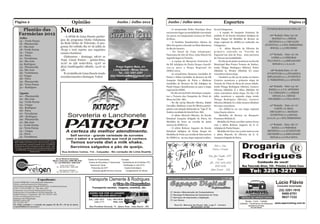 Página 2                                                                                 Opinião                                    Junho / Julho 2012                      Junho / Julho 2012                                      Esportes                                                          Página 11

        Plantão das
      Farmácias 2012
                                                                         Notas                                                                                                 - O mesatenista Pedro Henrique ficou
                                                                                                                                                                            em terceiro lugar na modalidade Juventude
                                                                                                                                                                                                                            da em Cataguases.
                                                                                                                                                                                                                                - A equipe de basquete feminina do
                                                                                                                                                                                                                                                                                     ÚLTIMAS RODADAS COPA LD

                                                                                                                                                                            (21 anos), no Campeonato Carioca de Tênis       módulo II da Escola Estadual Adalgisa de                    06ª Rodada: Data: 03/ 06
                                                                             - A APAE de Lima Duarte partici-
        Julho                                                                                                                                                               de Mesa.                                        Paula Duque foi Medalha de Bronze na                          MANEJO 0 x 1 SERAB
        15 – Verde Farma                                                  pou do programa Globo Cidadania
                                                                                                                                                                               - O fundista limaduartino Afonso da          etapa regional do JEMG/12 realizada em                     IBITIPOCA 0 x 1 ORVALHO
        16 - Pharmavida                                                   da Rede Globo de Televisão. O pro-
                                                                                                                                                                            Silva foi quarto colocado na Meia Maratona      Cataguases.                                             JUVENTUS 1 x 0 STA.TEREZINHA
        17 - São José                                                     grama foi exibido dia 07 de julho às
                                                                                                                                                                            do Rio de Janeiro.                                  - O atleta Marcelo de Oliveira foi                      SOCIAL 1 x 3 CRUZEIRO
        18 - Verde Farma                                                  7h:30 e terá reprise nos seguintes
        19 – Vargas                                                                                                                                                            - No futsal da Copa Integração/              primeiro colocado na "Corrida da
                                                                          canais e horários:                                                                                                                                                                                           07ª Rodada: Data: 10/ 06
        20 - Paiva                                                                                                                                                          Panorama de Juiz de Fora, Lima Duarte foi       Fogueira"em Juiz de Fora, num percurso
                                                                             Globonews - domingo, 08.07 as                                                                  segundo lugar no Torneio.                       de 7 km na sua modalidade.                                  LOPES 2 x 6 PEROBAS
        21 - Terrafarma
        22 - São José
                                                                          7h30. Canal Futura - quinta-feira,                                                                   - A equipe de Basquete Feminino II               - No dia 30 de junho aconteceu na Escola             VILA NOVA 1 x 3 ESPLANADO
        23- Rodrigues                                                     12.07 as 15h sexta-feira, 13.07 as                                                                da EE Adalgisa de Paula Duque classifi-         Municipal Bias Fortes Torneio de Xadrez,                     MINAS 0 x 1 A.A.L.D.
        24 - Pharmavida                                                   3h15 (madrugada) sábado, 14.07 as                                                                 cou-se para a Etapa Regional do                 tendo Thiago Rodrigues (Mirim), Pedro
        25 - São José                                                     13h.                                                                                              JEMG/2012.                                      (Módulo I), Wesley (Módulo II) como                         08ª Rodada:Data: 17/ 06
        26 - Verdefarma                                                      É o trabalho de Lima Duarte tendo                                                                 - As enxadristas Damares (medalha de         vencedores desta etapa.                                  JUVENTUDE 0 x 3 POLEMICA
        27- Vargas                                                        reconhecimento e destaque. Valeu!                                                                                                                                                                          ESPLANADO 4 x 1 JUVENTUS
                                                                                                                                                                            Prata) e Fábia (medalha de Bronze) da EE            - Também no dia 30 de junho no bairro
        28 - Paiva                                                                                                                                                                                                                                                                   S. TEREZINHA 3 x 2 APAGÃO
                                                                                                                                                                            Joaquim Delgado de Paiva e Matheus              Cruzeiro aconteceu a primeira etapa do
        29 - Pharmavida
        30 - Terra Farma                                                                                                                                                    (medalha de Bronze) da EE Adalgisa de           Torneio de Tênis de Mesa de nossa cidade,
        31 – Rodrigues                                                                                                                                                      Paula Duque classificaram-se para a etapa       tendo Thiago Rodrigues (Mirim), Gustavo                    09ª Rodada: Data: 24/ 06
                                                                                                                                                                            regional do JEMG.                               Oliveira (Módulo I) e Elias (Módulo II)                   BAHIA 2 x 2 V.S. ANTONIO
        Agosto                                                                                                                                                                 - No dia 20/05 Pedro Henrique conquis-       como vencedores desta etapa. No dia 7 de                  V.S. GERALDO 1 x 3 SERAB
        01 – Pharmavida                                                                                                                                                     tou o Torneio dos Campeões do Tênis de          julho aconteceu a segunda etapa tendo                        SOCIAL 0 x 1 MINAS
        02 - São José                                                                                                                                                       Mesa em Ubá - MG.                               Thiago Rodrigues (Mirim), Gustavo                         CRUZEIRO 1 x 0 VILA NOVA
        03 - Verde Farma                                                                                                                                                       - No dia 19/05 Marcelo Oliveira, Rafael      Oliveira (Módulo I) e Julio Gomes (Módulo
        04 - Vargas                                                                                                                                                         Carvalho, Matheus e Lara de Oliveira partici-   II) como vencedores.                                       10ª Rodada: Data: 01/ 07
        05 - Rodrigues                                                                                                                                                      param com atuação destacada na "Liga X" de          - No JEMG/12 na sua etapa regional                         CAETÉ x E. REAL
        06 - Paiva                                                                                                                                                                                                                                                                     ORVALHO 0 x 1 MANEJO
                                                                                                                                                                            Xadrez, na cidade de Juiz de Fora - MG.         Lima Duarte obteve:
        07 - Terrafarma
        08 – Rodrigues                                                              Sorveteria e Lanchonete                                                                    - O atleta Marcelo Oliveira, da Escola             Medalha de Bronze no Basquete                         JUVENTUS 2 x 3 SOCIAL




                                                                                PATROPI
                                                                                                                                                                            Estadual Joaquim Delgado de Paiva, foi          Feminino Módulo II.                                      A.A.L.D. 4 x 1 STA.TEREZINHA
        09 - Pharmavida
        10 - São José                                                                                                                                                       Medalha de Ouro na corrida de 3000                  Medalha de Prata nos 800 metros livres
        11 - Verde Farma                                                                                                                                                    metros do JEMG/12.                              com o atleta Robson Augusto da E. E.                       11ª Rodada: Data: 08/ 07
        12 - Terra Farma                                                                                                                                                       - O atleta Robson Augusto da Escola          Adalgisa de Paula Duque.                                     BAHIA 1 x 6 PEROBAS
        13 – Vargas
        14 - Paiva
        15 - Terrafarma
                                                                                 APAE informa
                                                                                 A certeza do melhor atendimento.
                                                                                    Self service - grande variedade de sorvetes
                                                                                                                                                                            Estadual Adalgisa de Paula Duque foi
                                                                                                                                                                            Medalha de Prata na corrida de 800 metros
                                                                                                                                                                            do JEMG/12 na sua etapa regional realiza-
                                                                                                                                                                                                                                Medalha de Ouro nos 3.000 metros com
                                                                                                                                                                                                                            o atleta Marcelo de Oliveira da E. E.
                                                                                                                                                                                                                            Joaquim Delgado de Paiva.
                                                                                                                                                                                                                                                                                     IBITIPOCA 1 x 0 JUVENTUDE
                                                                                                                                                                                                                                                                                     CRUZEIRO 2 x 2 ESPLANADO
                                                                                                                                                                                                                                                                                       MINAS 0 x 0 VILA NOVA
                                                                                  com o sabor e a qualidade que você já conhece.
Horário de funcionamento de todas as farmácias de SEGUNDA A
SEXTA-FEIRA: 08:00 H ÀS 19:00 H *Após esse horário, somente
permanecerá aberta a farmácia de plantão do dia. Aos SÁBADOS,
                                                                                        Temos sorvete diet e milk shake.
 funcionamento de todas as farmácias de 08:00 às 14:00h. *Após
esse horário, só permanecerá aberta a farmácia de plantão do dia.                       Servimos salgados e pão de queijo.
  Aos DOMINGOS, somente haverá funcionamento e plantão da
                        farmácia do dia.                                    Rua Antônio Carlos, 114 - Calçadão - No coração de Lima Duarte.


                                                                Bruno Medeiros Henriques               Gestão de Propriedades              Cirurgias
                                                             Médico Veterinário CRMV-MG 9728
                                                              Tel.: (32) 9949-8643 / 8456-2325          Exame de Brucelose e Tuberculose Transferência de Embriões (TE)
                                                                           Lucas Loures Tavares          Vacinas em Geral                     Fertilização in vitro (FIV)
                                                                    Tel.: (32) 8414-5641 / 9932-4499
                                                                                                          Protocolos de IATF                   Exame Andrológico
                                                                         João Augusto Cavalheiro           Ultrassonografia Bovina e Equina     Congelamento de Sêmen
                                                                    Tel.: (32) 9905-3641 / 3261-1218




                                    Expediente:
O jornal “LD & Cia.” é uma publicação independente.
Edição, Jornalista Responsável e Reportagens:
                                                                                                                                                                                                                                                                                            Lúcio Flávio
Norma Beatriz Baumgratz Delgado (MTb 5626) - Jornalista Profissional                                                                                                                                                                                                                         Consultor Autorizado
CNPJ: 11.870.673/0001-19 - Insc. Mun. 3923
Colaboração: Assessoria de Marketing da Prefeitura                                                                                                                                                                                                                                            (32) 3281-1918
Endereço para Correspondências: Rua das Magnólias - 46
Jardim Primavera - Lima Duarte - MG -Tel: (32)3281-3042                                                                                                                                                                                                                                         8400-0701
E-mail: normadelgado@bol.com.br
Impressão, Arte e Diagramação:
                                                                                                                                                                                                                                                                                                9937-7332
Brandel’s Gráfica Ltda.                                                                                                                                                                                                                                   Roubo - Furto - Colisão
Tel.: (32) 3281-1921                                                                                                                                                                                                                                                                       www.asprovelmg.com.br
Os artigos assinados e o conteúdo das páginas 04, 08, 09 e 10 são de inteira                                                                                                                                                                         Incêndio - Fenômenos da Natureza
                                                                                                                                                                                                                                                             Assistência 24 horas
responsabilidade de seus autores.                                                                                                                                                                                                                              em todo Brasil
 