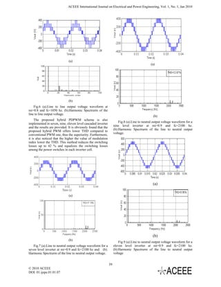 ACEEE International Journal on Electrical and Power Engineering, Vol. 1, No. 1, Jan 2010




                              (a)
                                                                                                (a)




                              (b)
    Fig.6 (a).Line to line output voltage waveform at
mi=0.8 and fc=1050 hz. (b).Harmonic Spectrurm of the
line to line output voltage.
                                                                                                 (b)
     The proposed hybrid PDPWM scheme is also
                                                                        Fig.8 (a).Line to neutral output voltage waveform for a
implemented in seven, nine, eleven level cascaded inverter
and the results are provided. It is obviously found that the        nine level inverter at mi=0.9 and fc=2100 hz.
proposed hybrid PWM offers lower THD compared to                    (b).Harmonic Spectrurm of the line to neutral output
conventional PWM one, thus the superiority. Furthermore,            voltage.
it is also noticed that the higher the value of modulation
index lower the THD. This method reduces the switching
losses up to 42 % and equalizes the switching losses
among the power switches in each inverter cell.




                                                                                                 (a)

                              (a)




                                                                                                 (b)
                              (b)
                                                                        Fig.9 (a).Line to neutral output voltage waveform for a
   Fig.7 (a).Line to neutral output voltage waveform for a          eleven level inverter at mi=0.9 and fc=2100 hz.
seven level inverter at mi=0.9 and fc=2100 hz and (b).              (b).Harmonic Spectrurm of the line to neutral output
Harmonic Spectrurm of the line to neutral output voltage.           voltage


                                                               39
© 2010 ACEEE
DOI: 01.ijepe.01.01.07
 
