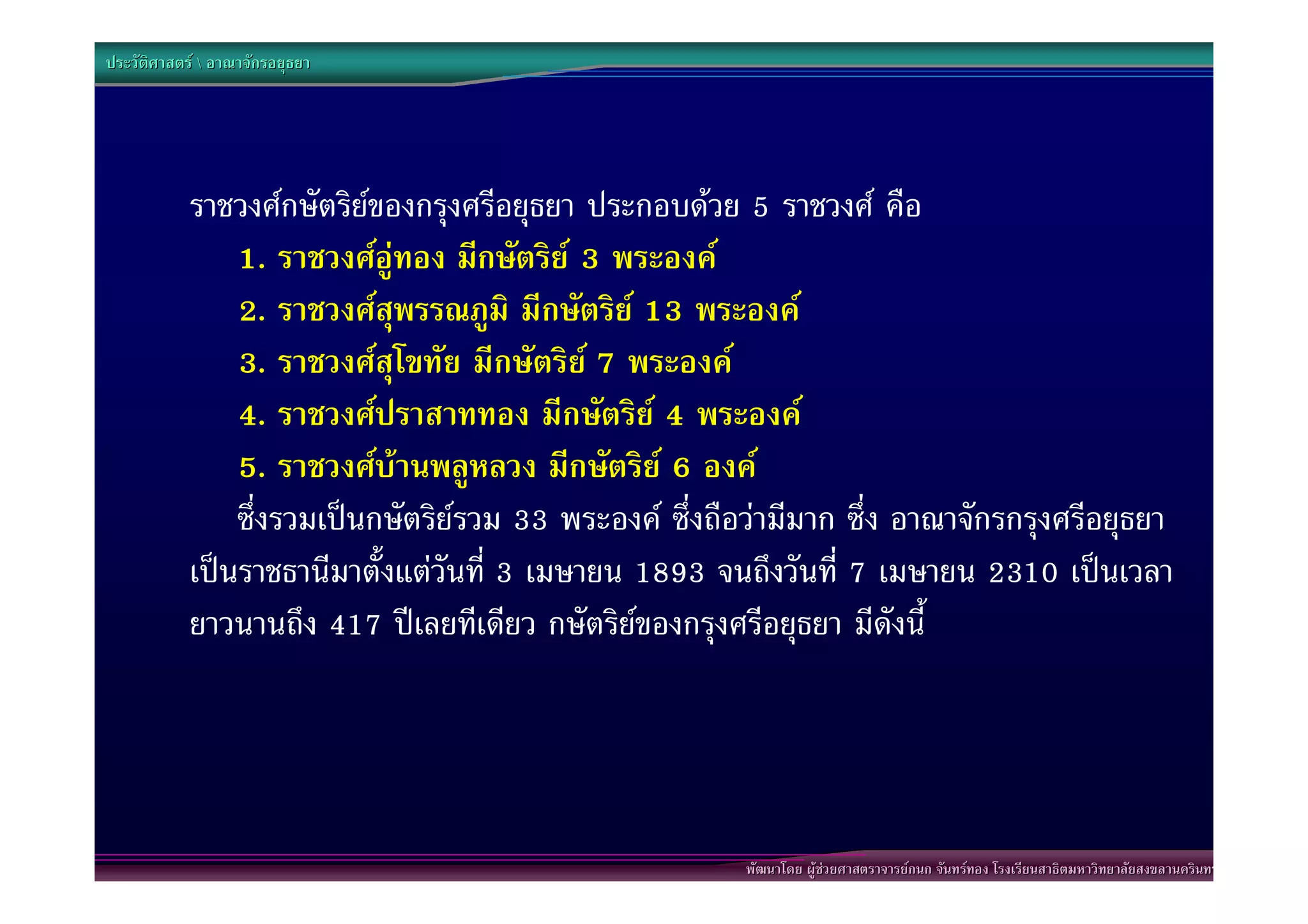 ประวัติศาสตร  อาณาจักรอยุธยา




            ราชวงศกษัตริยของกรุงศรีอยุธยา ประกอบดวย 5 ราชวงศ คือ
                1. ราชวงศอูทอง มีกษัตริย 3 พระองค
                2. ราชวงศสุพรรณภูมิ มีกษัตริย 13 พระองค
                3. ราชวงศสุโขทัย มีกษัตริย 7 พระองค
                4. ราชวงศปราสาททอง มีกษัตริย 4 พระองค
                5. ราชวงศบานพลูหลวง มีกษัตริย 6 องค
                ซึ่งรวมเปนกษัตริยรวม 33 พระองค ซึ่งถือวามีมาก ซึ่ง อาณาจักรกรุงศรีอยุธยา
            เปนราชธานีมาตั้งแตวันที่ 3 เมษายน 1893 จนถึงวันที่ 7 เมษายน 2310 เปนเวลา
            ยาวนานถึง 417 ปเลยทีเดียว กษัตริยของกรุงศรีอยุธยา มีดังนี้




                                                         พัฒนาโดย ผูชวยศาสตราจารยกนก จันทรทอง โรงเรียนสาธิตมหาวิทยาลัยสงขลานครินทร
 