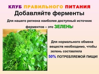 КЛУБ ПРАВИЛЬНОГО ПИТАНИЯ
    Добавляйте ферменты
Для нашего региона наиболее доступный источник
          ферментов – это ЗЕЛЕНЬ!



                        Для нормального обмена
                       веществ необходимо, чтобы
                        зелень составляла
                      50% ПОТРЕБЛЯЕМОЙ ПИЩИ!
 