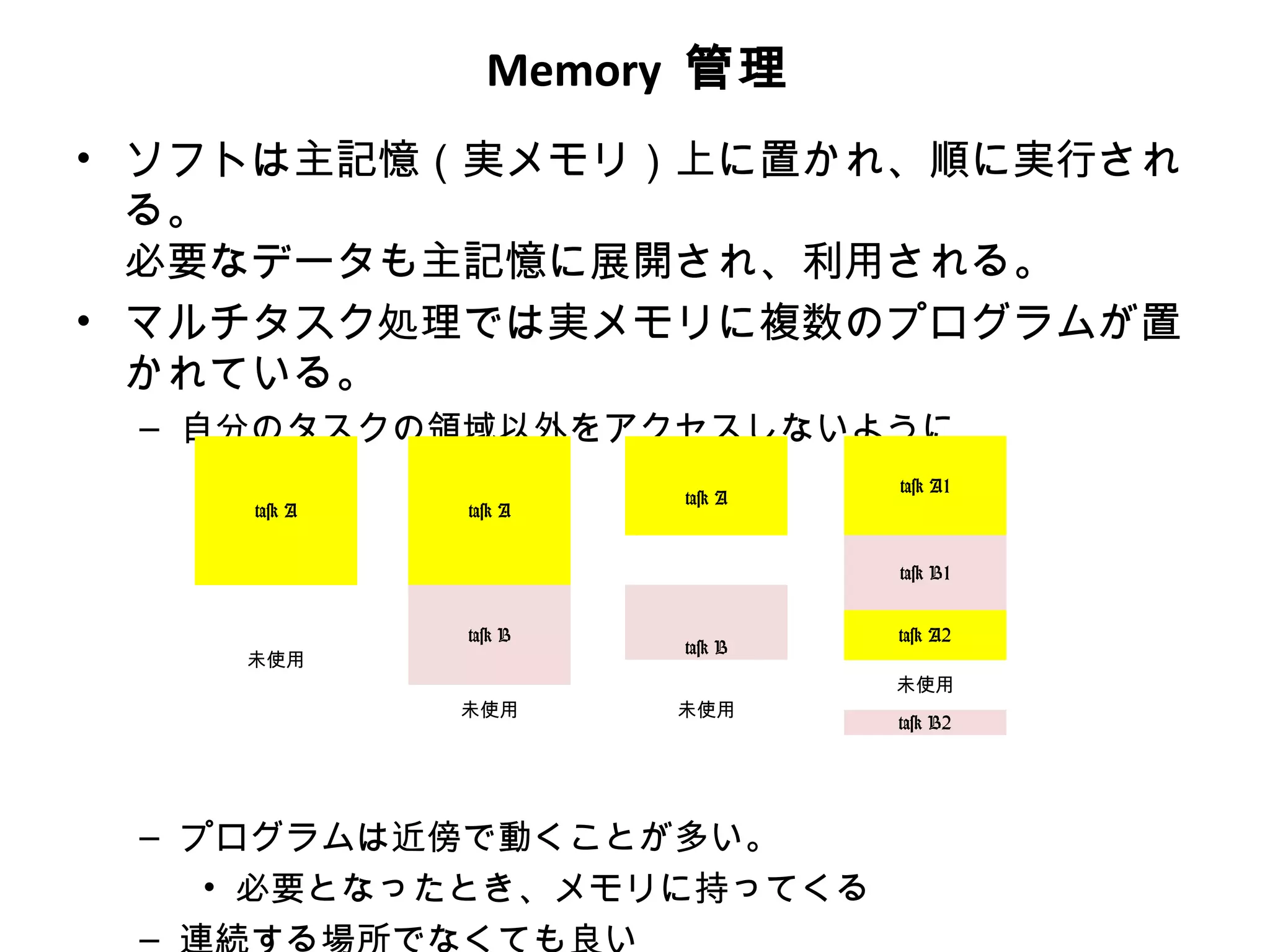 Memory 管理
• ソフトは主記憶（実メモリ）上に置かれ、順に実行され
  る。
  必要なデータも主記憶に展開され、利用される。
• マルチタスク処理では実メモリに複数のプログラムが置
  かれている。
 – 自分のタスクの領域以外をアクセスしないように
                　
                      　
                                   task A1
                          task A
    task A   task A
                      　
                      　
                      　            task B1
                      　
                      　
             task B                task A2
                          task B
    未使用
                      　
                                   未使用
             未使用          未使用
                                   task B2




 – プログラムは近傍で動くことが多い。
    • 必要となったとき、メモリに持ってくる
 –
 