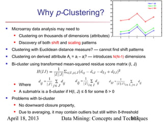 Why p-Clustering?
   Microarray data analysis may need to
        Clustering on thousands of dimensions (attributes)
        Discovery of both shift and scaling patterns
   Clustering with Euclidean distance measure? — cannot find shift patterns
   Clustering on derived attribute Aij = ai – aj? — introduces N(N-1) dimensions
   Bi-cluster using transformed mean-squared residue score matrix (I, J)


                          1                              1                               1
                    d =        ∑ d        d        =           ∑ d      d        =                    ∑      d
                     ij | J |      ij         Ij       | I | i ∈ I ij       IJ       | I || J | i ∈ I , j ∈ J ij
        Where                j∈J
        A submatrix is a δ-cluster if H(I, J) ≤ δ for some δ > 0
   Problems with bi-cluster
        No downward closure property,
        Due to averaging, it may contain outliers but still within δ-threshold
April 18, 2013                    Data Mining: Concepts and Techniques
                                                               103
 