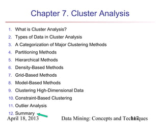 Chapter 7. Cluster Analysis
1. What is Cluster Analysis?
2. Types of Data in Cluster Analysis
3. A Categorization of Major Clustering Methods
4. Partitioning Methods
5. Hierarchical Methods
6. Density-Based Methods
7. Grid-Based Methods
8. Model-Based Methods
9. Clustering High-Dimensional Data
10. Constraint-Based Clustering
11. Outlier Analysis
12. Summary
April 18, 2013            Data Mining: Concepts and Techniques
                                                       117
 