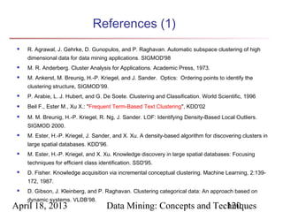 References (1)
    R. Agrawal, J. Gehrke, D. Gunopulos, and P. Raghavan. Automatic subspace clustering of high
     dimensional data for data mining applications. SIGMOD'98
    M. R. Anderberg. Cluster Analysis for Applications. Academic Press, 1973.
    M. Ankerst, M. Breunig, H.-P. Kriegel, and J. Sander. Optics: Ordering points to identify the
     clustering structure, SIGMOD’99.
    P. Arabie, L. J. Hubert, and G. De Soete. Clustering and Classification. World Scientific, 1996
    Beil F., Ester M., Xu X.: "Frequent Term-Based Text Clustering", KDD'02
    M. M. Breunig, H.-P. Kriegel, R. Ng, J. Sander. LOF: Identifying Density-Based Local Outliers.
     SIGMOD 2000.
    M. Ester, H.-P. Kriegel, J. Sander, and X. Xu. A density-based algorithm for discovering clusters in
     large spatial databases. KDD'96.
    M. Ester, H.-P. Kriegel, and X. Xu. Knowledge discovery in large spatial databases: Focusing
     techniques for efficient class identification. SSD'95.
    D. Fisher. Knowledge acquisition via incremental conceptual clustering. Machine Learning, 2:139-
     172, 1987.
    D. Gibson, J. Kleinberg, and P. Raghavan. Clustering categorical data: An approach based on
     dynamic systems. VLDB’98.
April 18, 2013                         Data Mining: Concepts and Techniques
                                                                    120
 