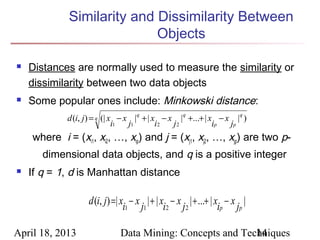 Similarity and Dissimilarity Between
                            Objects

   Distances are normally used to measure the similarity or
    dissimilarity between two data objects
   Some popular ones include: Minkowski distance:
            d (i, j) = q (| x − x |q + | x − x | q +...+ | x − x |q )
                             i1  j1       i2  j2            ip  jp
    where i = (xi1, xi2, …, xip) and j = (xj1, xj2, …, xjp) are two p-
       dimensional data objects, and q is a positive integer
   If q = 1, d is Manhattan distance

                  d (i, j) =| x − x | + | x − x | + ...+ | x − x |
                               i1 j1 i2 j 2                 ip jp

April 18, 2013              Data Mining: Concepts and Techniques
                                                         14
 