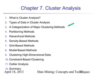 Chapter 7. Cluster Analysis
1. What is Cluster Analysis?
2. Types of Data in Cluster Analysis
3. A Categorization of Major Clustering Methods
4. Partitioning Methods
5. Hierarchical Methods
6. Density-Based Methods
7. Grid-Based Methods
8. Model-Based Methods
9. Clustering High-Dimensional Data
10. Constraint-Based Clustering
11. Outlier Analysis
12. Summary
April 18, 2013            Data Mining: Concepts and Techniques
                                                       23
 