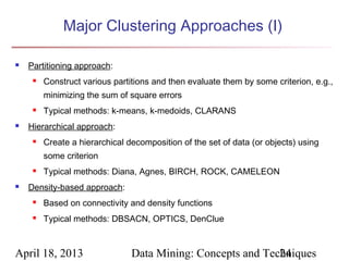 Major Clustering Approaches (I)

   Partitioning approach:
        Construct various partitions and then evaluate them by some criterion, e.g.,
         minimizing the sum of square errors
        Typical methods: k-means, k-medoids, CLARANS
   Hierarchical approach:
        Create a hierarchical decomposition of the set of data (or objects) using
         some criterion
        Typical methods: Diana, Agnes, BIRCH, ROCK, CAMELEON
   Density-based approach:
        Based on connectivity and density functions
        Typical methods: DBSACN, OPTICS, DenClue



April 18, 2013                  Data Mining: Concepts and Techniques
                                                             24
 