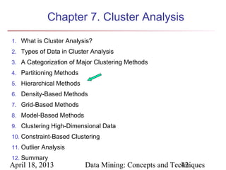 Chapter 7. Cluster Analysis
1. What is Cluster Analysis?
2. Types of Data in Cluster Analysis
3. A Categorization of Major Clustering Methods
4. Partitioning Methods
5. Hierarchical Methods
6. Density-Based Methods
7. Grid-Based Methods
8. Model-Based Methods
9. Clustering High-Dimensional Data
10. Constraint-Based Clustering
11. Outlier Analysis
12. Summary
April 18, 2013            Data Mining: Concepts and Techniques
                                                       42
 