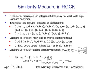 Similarity Measure in ROCK
    Traditional measures for categorical data may not work well, e.g.,
     Jaccard coefficient
    Example: Two groups (clusters) of transactions
        C1. <a, b, c, d, e>: {a, b, c}, {a, b, d}, {a, b, e}, {a, c, d}, {a, c, e},
         {a, d, e}, {b, c, d}, {b, c, e}, {b, d, e}, {c, d, e}
        C2. <a, b, f, g>: {a, b, f}, {a, b, g}, {a, f, g}, {b, f, g}
    Jaccard co-efficient may lead to wrong clustering result
       C1: 0.2 ({a, b, c}, {b, d, e}} to 0.5 ({a, b, c}, {a, b, d})
        C1 & C2: could be as high as 0.5 ({a, b, c}, {a, b, f})
   Jaccard co-efficient-based similarity function: Sim( T1 , T2 ) = T1 ∩T2
                                                                     T1 ∪T2
        Ex. Let T1 = {a, b, c}, T2 = {c, d, e}
                                            {c}              1
                  Sim(T 1, T 2) =                        =     =0.2
                                      {a, b, c, d , e}       5

April 18, 2013                Data Mining: Concepts and Techniques
                                                           53
 