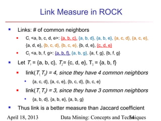 Link Measure in ROCK
   Links: # of common neighbors
       C1 <a, b, c, d, e>: {a, b, c}, {a, b, d}, {a, b, e}, {a, c, d}, {a, c, e},
        {a, d, e}, {b, c, d}, {b, c, e}, {b, d, e}, {c, d, e}
       C2 <a, b, f, g>: {a, b, f}, {a, b, g}, {a, f, g}, {b, f, g}

   Let T1 = {a, b, c}, T2 = {c, d, e}, T3 = {a, b, f}
       link(T1, T2) = 4, since they have 4 common neighbors
           {a, c, d}, {a, c, e}, {b, c, d}, {b, c, e}
       link(T1, T3) = 3, since they have 3 common neighbors
        
            {a, b, d}, {a, b, e}, {a, b, g}
   Thus link is a better measure than Jaccard coefficient
April 18, 2013               Data Mining: Concepts and Techniques
                                                          54
 