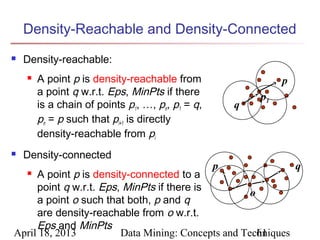 Density-Reachable and Density-Connected
   Density-reachable:
       A point p is density-reachable from                    p
        a point q w.r.t. Eps, MinPts if there             p1
        is a chain of points p1, …, pn, p1 = q,       q
        pn = p such that pi+1 is directly
        density-reachable from pi
   Density-connected
                                                  p                q
    A point p is density-connected to a
     point q w.r.t. Eps, MinPts if there is
                                                    o
     a point o such that both, p and q
     are density-reachable from o w.r.t.
     Eps and MinPts
April 18, 2013          Data Mining: Concepts and Techniques
                                                      61
 