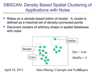 DBSCAN: Density Based Spatial Clustering of
        Applications with Noise
   Relies on a density-based notion of cluster: A cluster is
    defined as a maximal set of density-connected points
   Discovers clusters of arbitrary shape in spatial databases
    with noise


                                               Outlier

               Border
                                                   Eps = 1cm
                   Core                            MinPts = 5


April 18, 2013            Data Mining: Concepts and Techniques
                                                       62
 