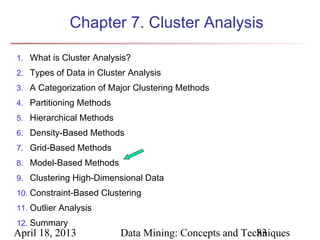 Chapter 7. Cluster Analysis

1. What is Cluster Analysis?
2. Types of Data in Cluster Analysis
3. A Categorization of Major Clustering Methods
4. Partitioning Methods
5. Hierarchical Methods
6. Density-Based Methods
7. Grid-Based Methods
8. Model-Based Methods
9. Clustering High-Dimensional Data
10. Constraint-Based Clustering
11. Outlier Analysis
12. Summary
April 18, 2013            Data Mining: Concepts and Techniques
                                                       83
 