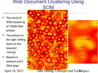 Web Document Clustering Using
                     SOM
    The result of
     SOM clustering
     of 12088 Web
     articles
    The picture on
     the right: drilling
     down on the
     keyword
     “mining”
    Based on
     websom.hut.fi
     Web page
    April 18, 2013         Data Mining: Concepts and Techniques
                                                        92
 