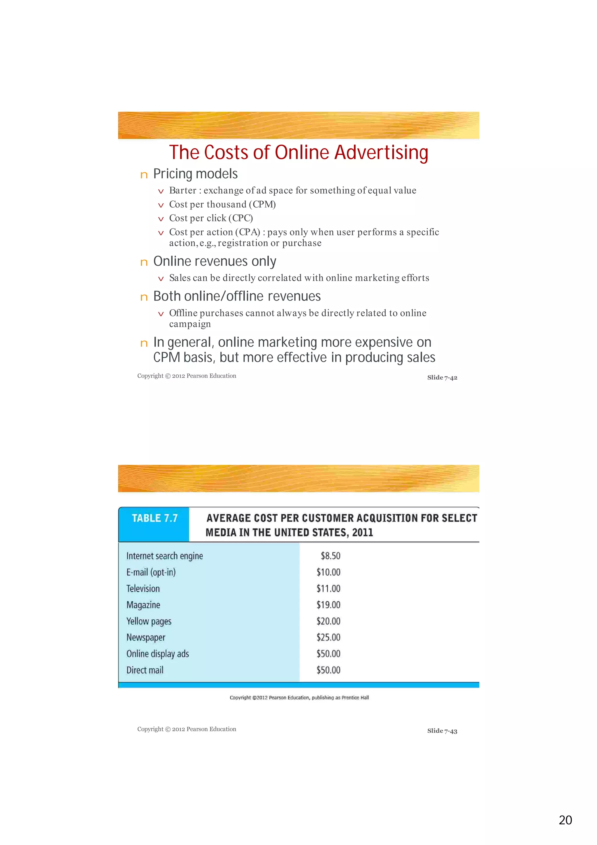 The Costs of Online Advertising
Pricing models
Online revenues only
Both online/offline revenues
In general, online marketing more expensive on
CPM basis, but more effective in producing sales
n
v
v
vv
v
n
v
n
v
n
Barter : exchange of ad space for something of equal value
Cost per thousand (CPM)
Cost per click (CPC)Cost per click (CPC)
Cost per action (CPA) : pays only when user performs a specific
action,e.g., registration or purchase
Sales can be directly correlated with online marketing efforts
Offline purchases cannot always be directly related to online
campaign
Copyright © 2012 Pearson Education
Copyright © 2012 Pearson Education
Slide 7-42
Slide 7-43
20
 