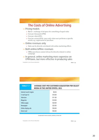 The Costs of Online Advertising
Pricing models
Online revenues only
Both online/offline revenues
In general, online marketing more expensive on
CPM basis, but more effective in producing sales
n
v
v
vv
v
n
v
n
v
n
Barter : exchange of ad space for something of equal value
Cost per thousand (CPM)
Cost per click (CPC)Cost per click (CPC)
Cost per action (CPA) : pays only when user performs a specific
action,e.g., registration or purchase
Sales can be directly correlated with online marketing efforts
Offline purchases cannot always be directly related to online
campaign
Copyright © 2012 Pearson Education
Copyright © 2012 Pearson Education
Slide 7-42
Slide 7-43
20
 