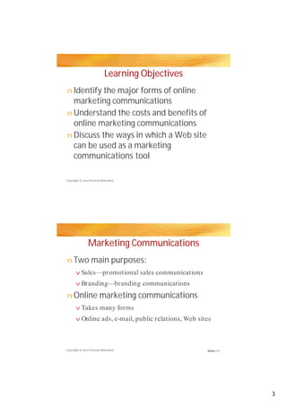 Learning Objectives
Identify the major forms of online
marketing communications
Understand the costs and benefits of
online marketing communications
Discuss the ways in which a Web site
can be used as a marketing
communications tool
Marketing Communications
Two main purposes:
Online marketing communications
n
n
n
n
v
v
n
v
v
Copyright © 2012 Pearson Education
Copyright © 2012 Pearson Education
Sales—promotional sales communications
Branding—branding communications
Takes many forms
Online ads, e-mail, public relations, Web sites
3
Slide 7-7
 