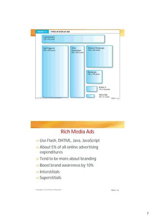 Copyright © 2012 Pearson Education
Copyright © 2012 Pearson Education
Slide 7-14
Slide 7-15
Rich Media Ads
Use Flash, DHTML, Java, JavaScript
About 5% of all online advertising
expenditures
Tend to be more about branding
Boost brand awareness by 10%Boost brand awareness by 10%
Interstitials
Superstitials
n
n
n
nn
n
n
7
 