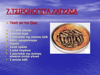 7.Σ΢ΙΡΟΝΟΠΙΣΑ ΛΑΓΚΑΓΑ
• Τιηθά γηα ηελ δύκε
• 1/2 θηιό αιεύξη
• 1 θνύπα λεξό
• 1 θνπηαιηά ηεο ζνύπαο μύδη
• αιάηη, καπξνπίπεξν
• Γέκηζε
• 1θηιό πξάζα
• 1 θηιό ηζηξόληα
• 1 θνπηαιηά ηεο ζνύπαο
θόθθηλν πηπέξη γιπθό
• 1 θνύπα ιάδη
 