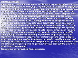 Δθηέιεζε Ππληαγήο
Θαζαξίδνπκε ην ςάξη θαη ηα εληόζζηα. Ρν δίλνπκε ζην καγηθό ρεξάθη λα ην πιύλε
θαιά θαη ζηε ζπλέρεηα ην αιαηίδνπκε, ην ξαληίδνπκε κε ιεκόλη θαη ην ραξάδνπκε
Βάδνπκε ην γξηβάδη ζην ηαςί θαη ην αθήλνπκε ζηελ άθξε, κέρξη λα εηνηκάζνπκε
ην ραβηάξη θαη ηε ζύβξαζε.Π’ έλα κπνι αλαθαηεύνπκε θαιά ηα εληόζζηα ηνπ
ςαξηνύ κε πηπέξη καύξν θαη θόθθηλν, ιίγν αιεύξη, ιίγν ιάδη θαη ειάρηζην αιάηη.
Απηό είλαη ην ραβηάξη. Πηε ζπλέρεηα θόβνπκε ηα θξεκκύδηα ζε ξνδέιεο θαη
ηζηγαξίδνπκε ζε ειαηόιαδν 2 από απηά κε ηηο θόθθηλεο πηπεξηέο, ην ζθόξδν,
πηπέξη καύξν θαη θόθθηλν, αιάηη. Ρα θξεκκύδηα ηνπ Φζηλνπώξνπ είλαη ηα πην
λόζηηκα θξεκκύδηα, γηαηί έρνπλ πνιύ γάια, έηζη βγάδνπλ κπόιηθν δνπκί ζην
ηεγάλη. Κόιηο καξαζνύλ, πξνζζέηνπκε ηα ππόινηπα θξεκκύδηα θαη λεξό. Πην
ηέινο, ξίρλνπκε ζην ηεγάλη θαη ηνλ κατληαλό. Γηα λα θηηάμνπκε ηελ θξνύζηα,
αλαθαηεύνπκε ζε έλα κπνι ην αιεύξη, ην ιάδη, θόθθηλν πηπέξη, αιάηη θαη κηζό
πνηήξη λεξό. Ξεηπραίλνπκε κηα θξέκα κε ηελ νπνία θαιύπηνπκε ην γξηβάδη.
Ρέινο, βάδνπκε ζην ηαςί ηε ζύβξαζε, ηηο ληνκάηεο θνκκέλεο ζε θέηεο, ηα
δακάζθελα, ην ραβηάξη κνηξαζκέλν ζε θνπηαιηέο ηεο ζνύπαο ζηηο δηάθνξεο
κεξηέο ηνπ ηαςηνύ θαη ην ςάξη. Αιαηίδνπκε ην γξηβάδη, πξνζζέηνπκε κατληαλό
θαη πηπέξη ζην εζσηεξηθό ηνπ θαη ην αιείθνπκε κε ηελ θξέκα ηεο θξνύζηαο. Δίλα
έλα πνιύρξσκν ηαςί έηνηκν γηα ην θνύξλν. Τήλνπκε ζηνπο 200°C γηα 30- 45
ιεπηά, μέξεη ν θνύξλαξεο!
Γνθηκάδνπκε κε ηε ζπλνδεία ιεπθνύ θξαζηνύ.
 