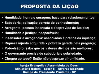 PROPOSTA DA LIÇÃO
• Humildade, honra e coragem: base para relacionamentos;
• Sabedoria: aplicação correta do conhecimento;
• Arrogante: pessoa insensata e desprovida de lucidez;
• Humildade e justiça: inseparáveis;
• Insensatez e arrogância: associadas à prática da injustiça;
• Riqueza injusta adquirida x pobreza gerada pela preguiça;
• Pobre/sábio: sabe que os valores divinos são melhores;
• O governante precisa de sabedoria e sobriedade;
• Chegou ao topo? Então não despreze a humildade.
Igreja Evangélica Assembleia de Deus
Ministério Belém – Setor 5 – Álvares Machado
Campo de Presidente Prudente - SP

 