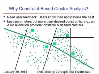 Why Constraint-Based Cluster Analysis?



Need user feedback: Users know their applications the best
Less parameters but more user-desired constraints, e.g., an
ATM allocation problem: obstacle & desired clusters

January 20, 2014

Data Mining: Concepts and Techniques
106

 